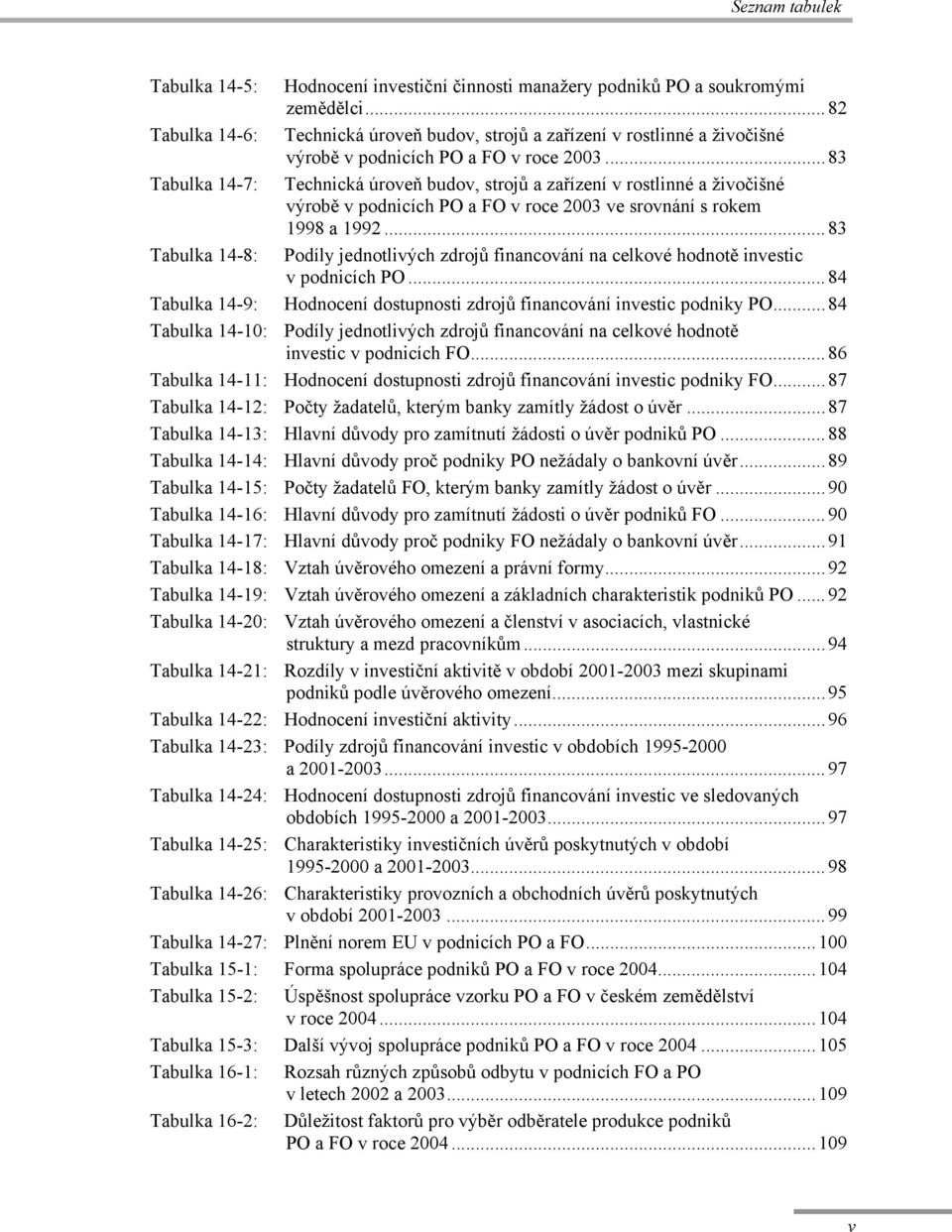 ..83 Tabulka 14-7: Technická úroveň budov, strojů a zařízení v rostlinné a živočišné výrobě v podnicích PO a FO v roce 2003 ve srovnání s rokem 1998 a 1992.