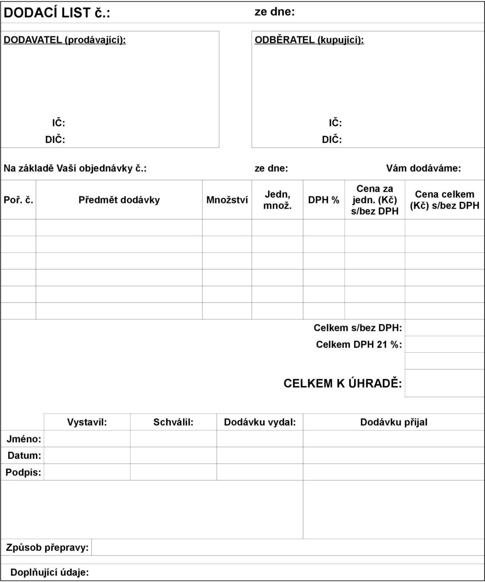 č.: ze dne: Vám dodáváme: Poř. č. Předmět dodávky Množství Jedn, množ. DPH % Cena za jedn.