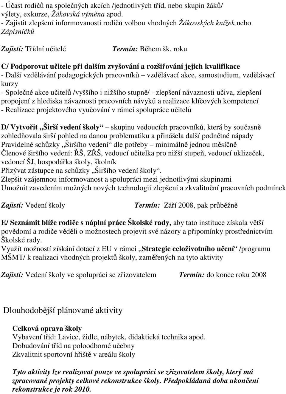 roku C/ Podporovat učitele při dalším zvyšování a rozšiřování jejich kvalifikace - Další vzdělávání pedagogických pracovníků vzdělávací akce, samostudium, vzdělávací kurzy - Společné akce učitelů