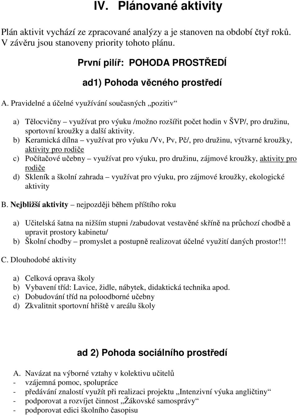 Pravidelné a účelné využívání současných pozitiv a) Tělocvičny využívat pro výuku /možno rozšířit počet hodin v ŠVP/, pro družinu, sportovní kroužky a další aktivity.