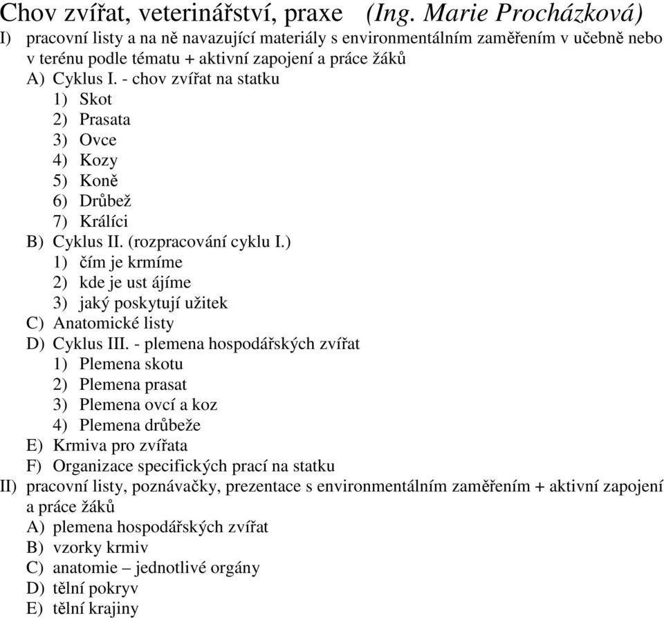 ) 1) čím je krmíme 2) kde je ust ájíme 3) jaký poskytují užitek C) Anatomické listy D) Cyklus III.