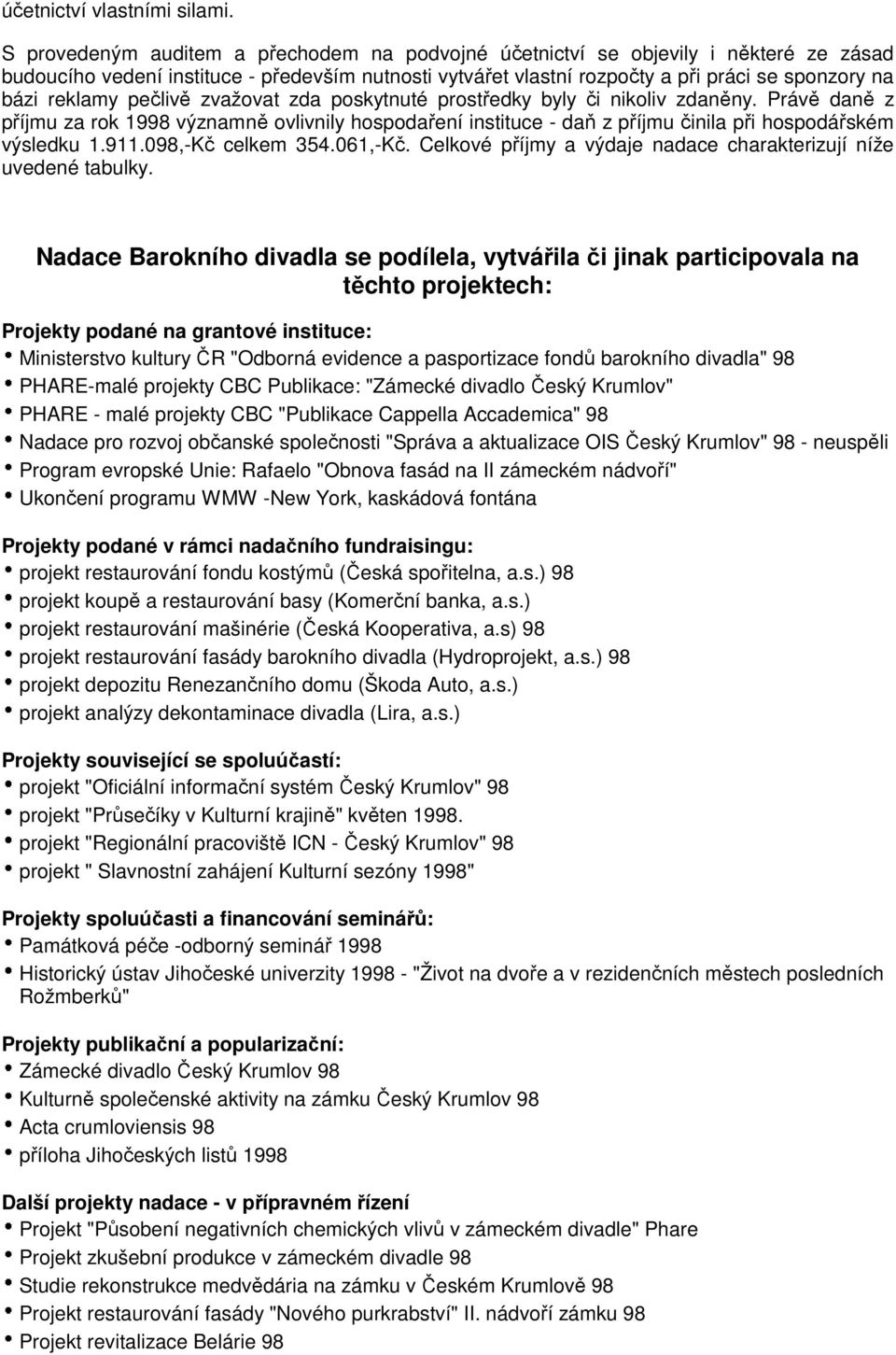 reklamy pečlivě zvažovat zda poskytnuté prostředky byly či nikoliv zdaněny. Právě daně z příjmu za rok 1998 významně ovlivnily hospodaření instituce - daň z příjmu činila při hospodářském výsledku 1.