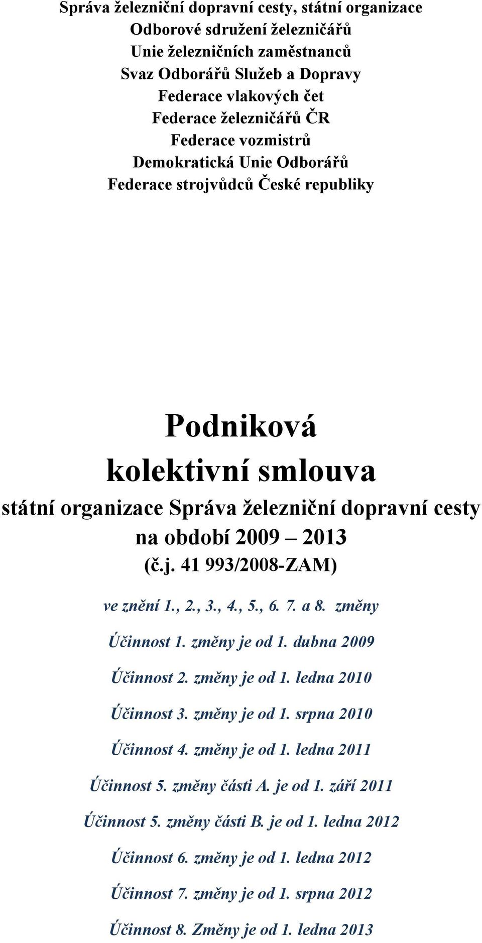 , 2., 3., 4., 5., 6. 7. a 8. změny Účinnost 1. změny je od 1. dubna 2009 Účinnost 2. změny je od 1. ledna 2010 Účinnost 3. změny je od 1. srpna 2010 Účinnost 4. změny je od 1. ledna 2011 Účinnost 5.