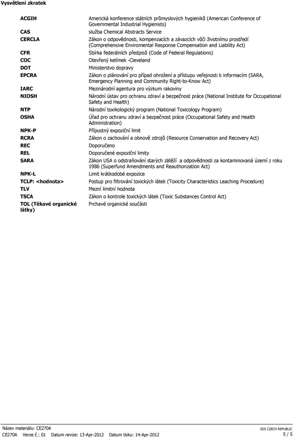 Enviromental Response Compensation and Liability Act) Sbírka federálních předpisů (Code of Federal Regulations) Otevřený kelímek -Cleveland Ministerstvo dopravy Zákon o plánování pro případ ohrožení