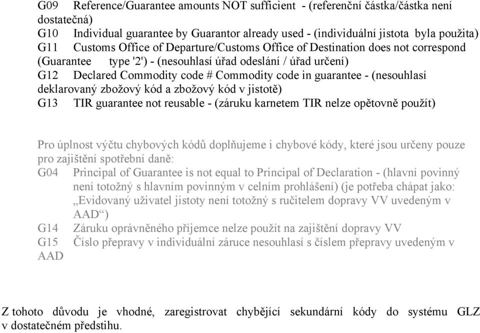 deklarovaný zbožový kód a zbožový kód v jistotě) G13 TIR guarantee not reusable - (záruku karnetem TIR nelze opětovně použít) Pro úplnost výčtu chybových kódů doplňujeme i chybové kódy, které jsou