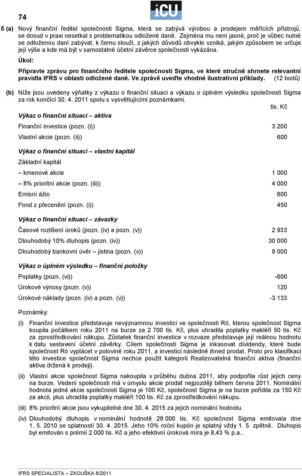 společnosti vykázána. Připravte zprávu pro finančního ředitele společnosti Sigma, ve které stručně shrnete relevantní pravidla IFRS v oblasti odložené daně.