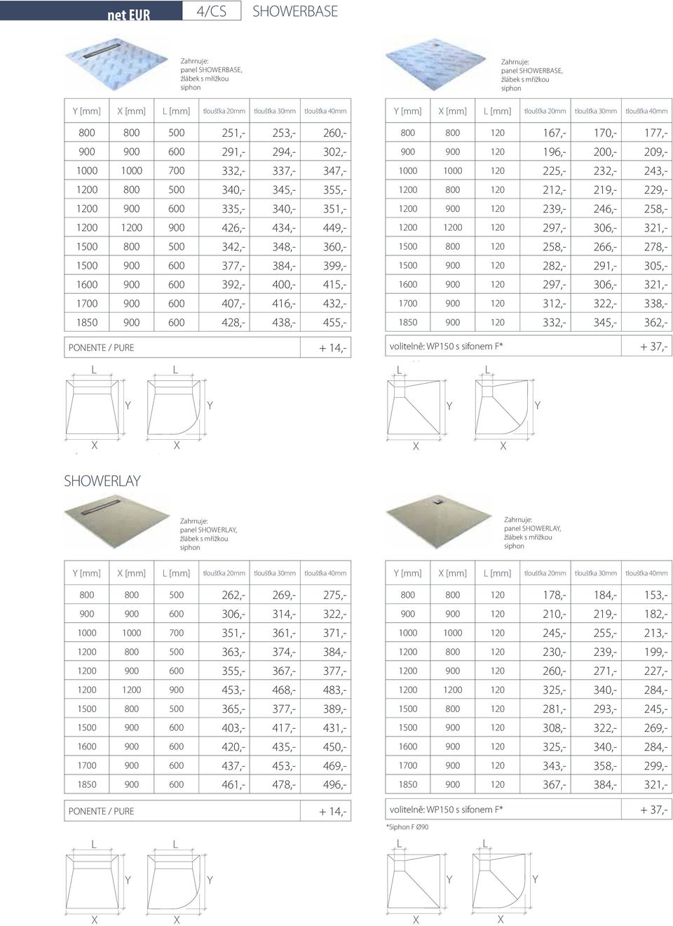 392,- 400,- 415,- 1700 900 600 407,- 416,- 432,- 1850 900 600 428,- 438,- 455,- Zahrnuje: panel showerbase, žlábek s mřížkou siphon Y [mm] [mm] [mm] tloušťka 20mm tloušťka 30mm tloušťka 40mm 800 800