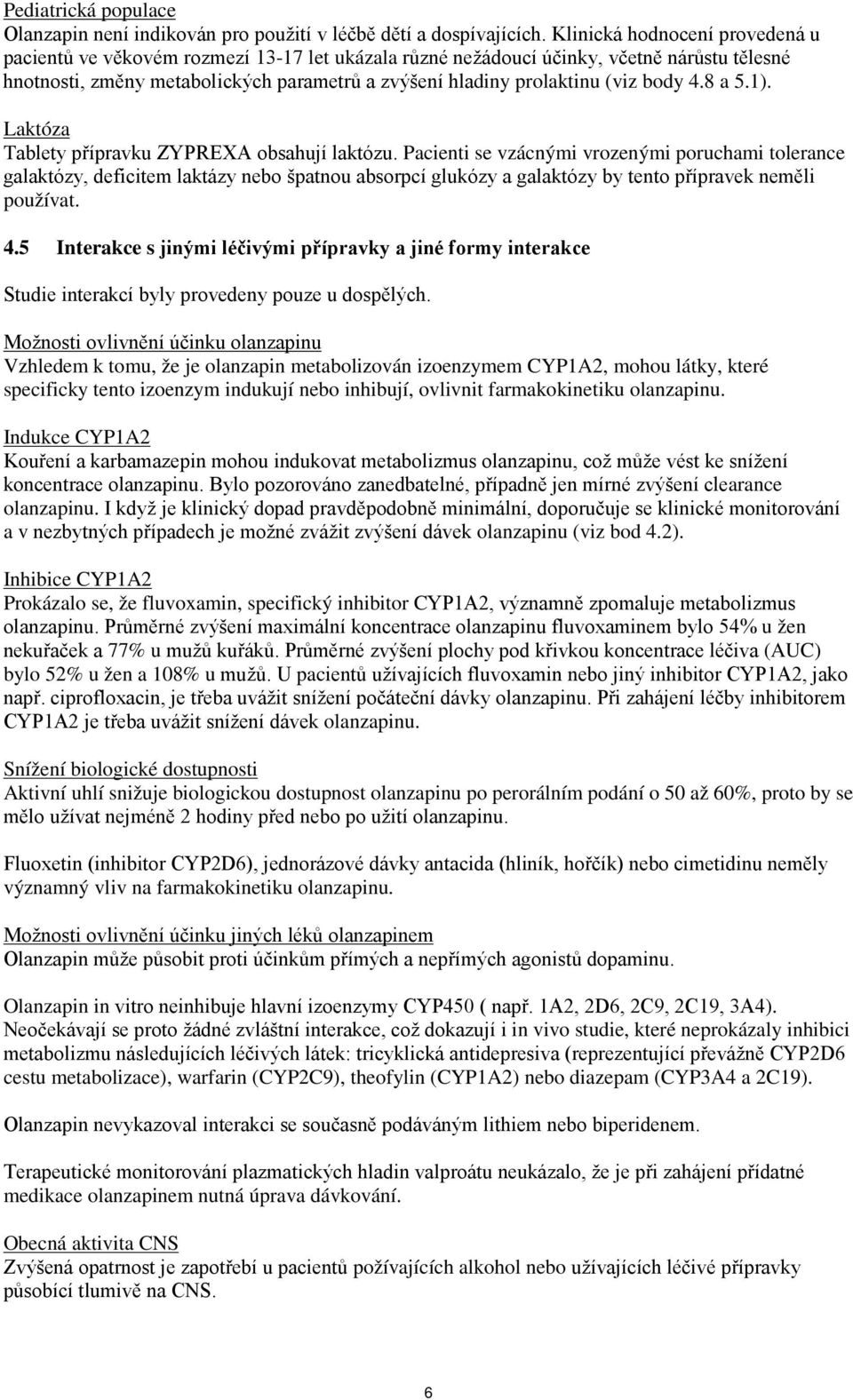 body 4.8 a 5.1). Laktóza Tablety přípravku ZYPREXA obsahují laktózu.