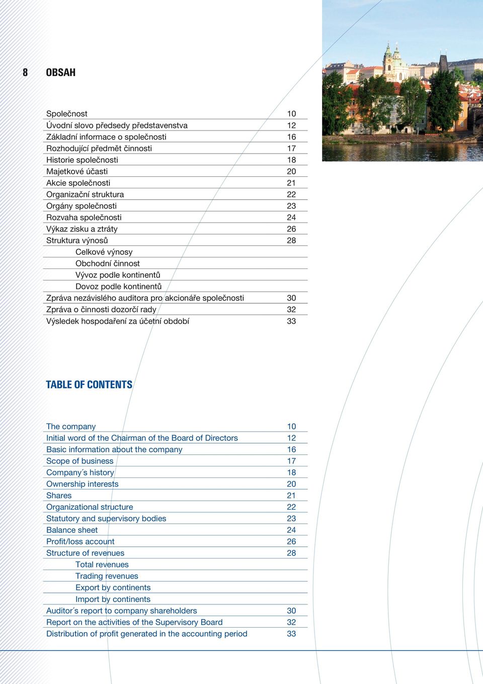 nezávislého auditora pro akcionáře společnosti 30 Zpráva o činnosti dozorčí rady 32 Výsledek hospodaření za účetní období 33 TABLE OF CONTENTS The company 10 Initial word of the Chairman of the Board