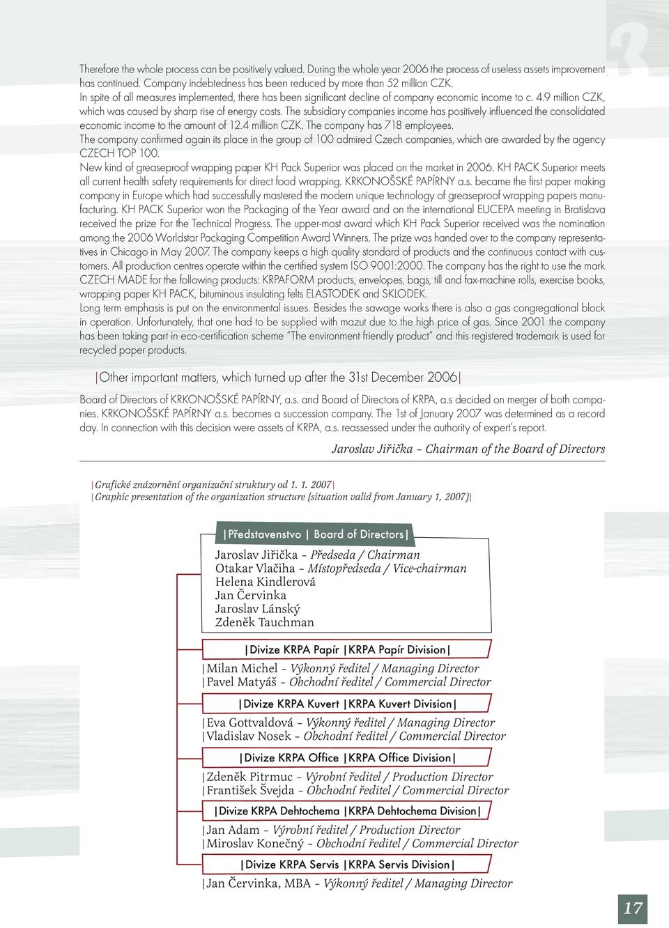 9 million CZK, which was caused by sharp rise of energy costs. The subsidiary companies income has positively influenced the consolidated economic income to the amount of 12.4 million CZK.