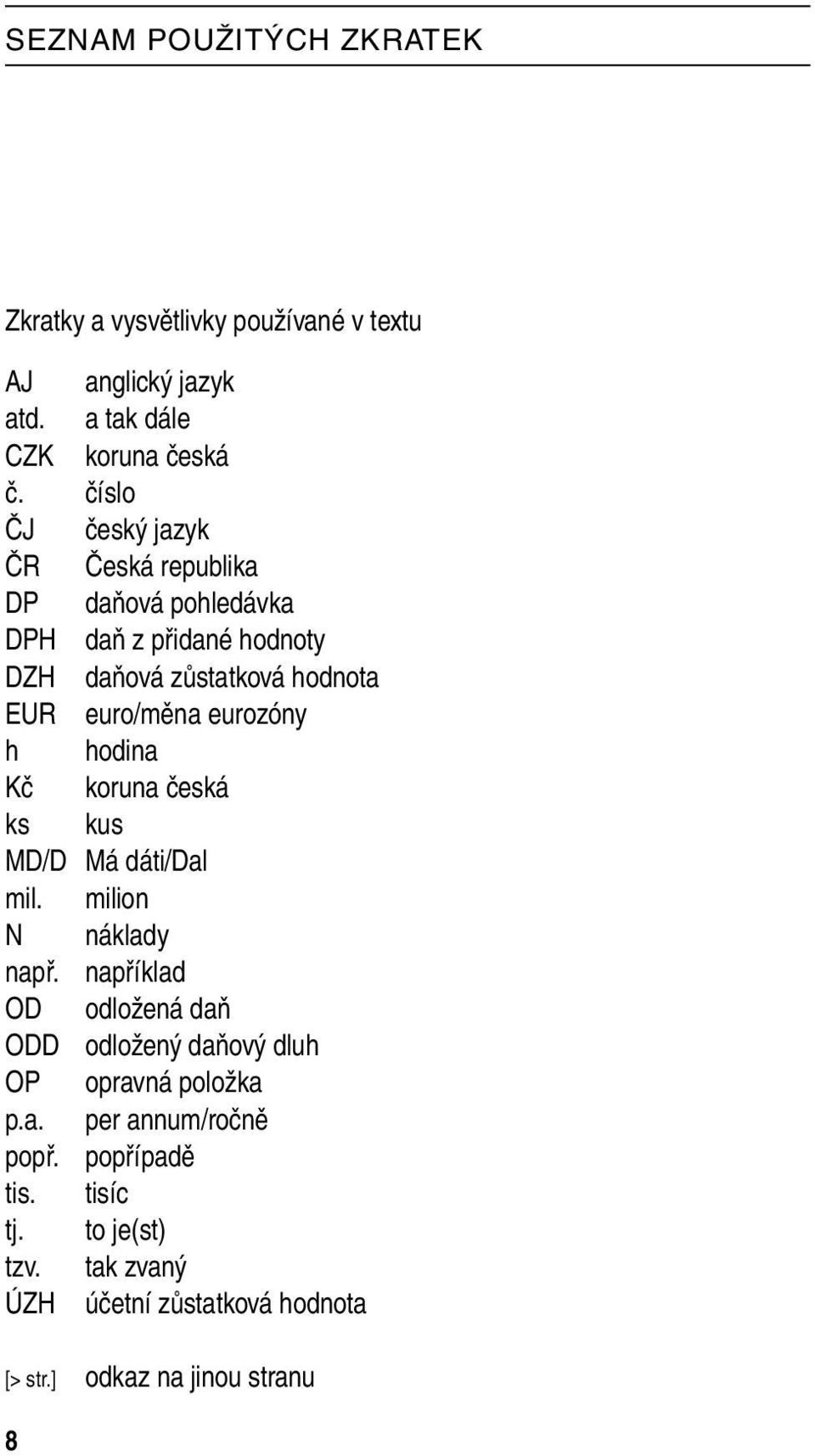 eurozóny h hodina Kč koruna česká ks kus MD/D Má dáti/dal mil. milion N náklady např.