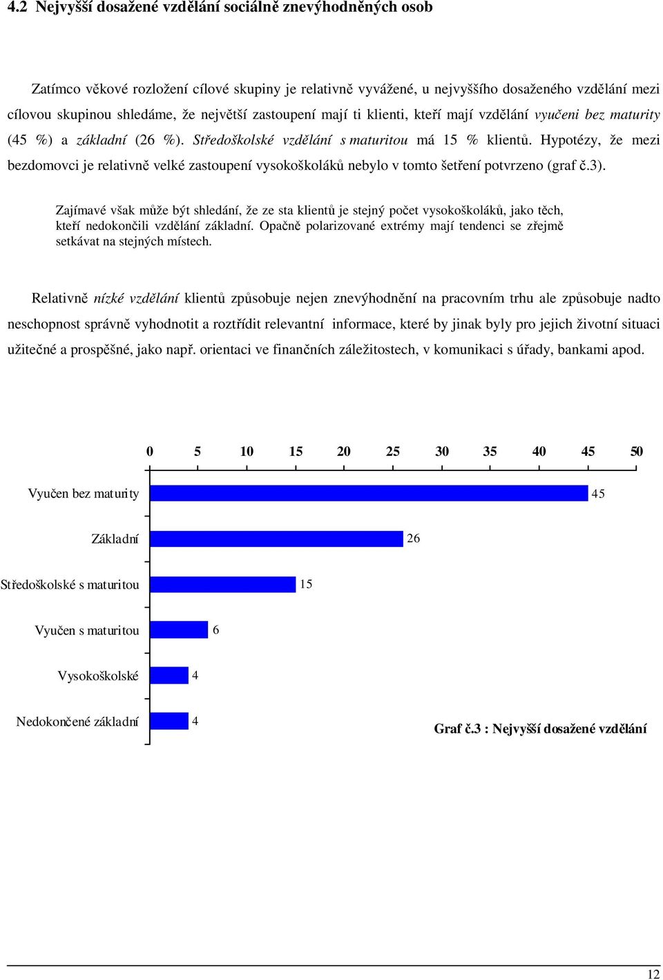 Hypotézy, že mezi bezdomovci je relativně velké zastoupení vysokoškoláků nebylo v tomto šetření potvrzeno (graf č.3).