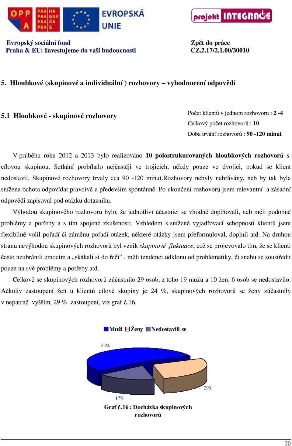 polostrukurovaných hloubkových rozhovorů s cílovou skupinou. Setkání probíhalo nejčastěji ve trojicích, někdy pouze ve dvojici, pokud se klient nedostavil. Skupinové rozhovory trvaly cca 90-120 minut.