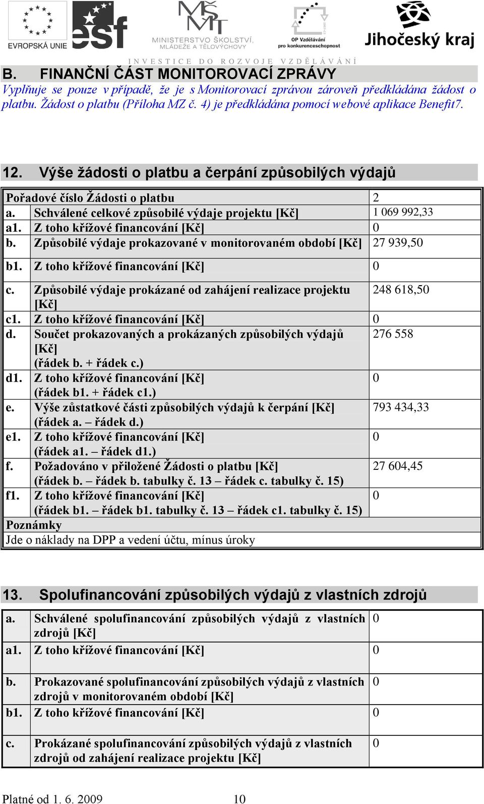 Schválené celkové způsobilé výdaje projektu [Kč] 1 69 992,33 a1. Z toho křížové financování [Kč] b. Způsobilé výdaje prokazované v monitorovaném období [Kč] 27 939,5 b1.