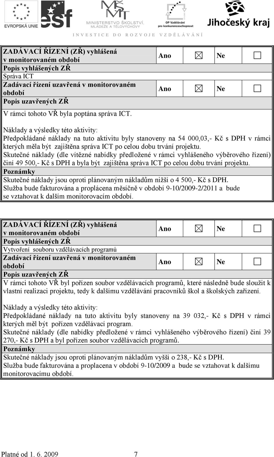 Skutečné náklady (dle vítězné nabídky předložené v rámci vyhlášeného výběrového řízení) činí 49 5,- Kč s DPH a byla být zajištěna správa ICT po celou dobu trvání projektu.