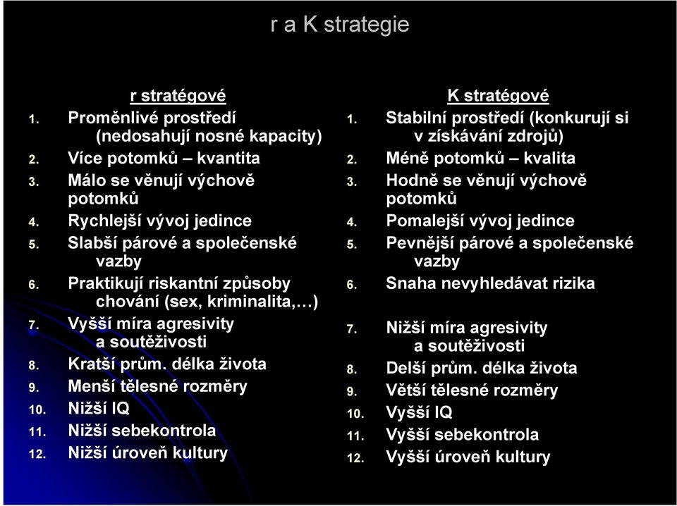 Nižší IQ 11. Nižší sebekontrola 12. Nižší úroveň kultury K stratégové 1. Stabilní prostředí (konkurují si v získávání zdrojů) 2. Méně potomků kvalita 3. Hodně se věnují výchově potomků 4.