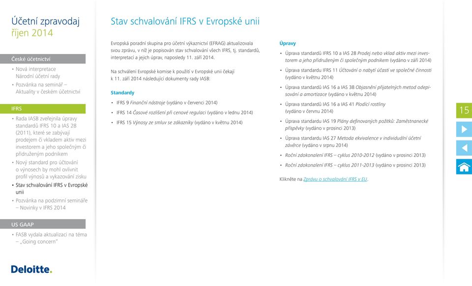 Úpravy Úprava standardů IFRS 10 a IAS 28 Prodej nebo vklad aktiv mezi investorem a jeho přidruženým či společným podnikem (vydáno v září 2014) Nová interpretace Národní účetní rady Pozvánka na