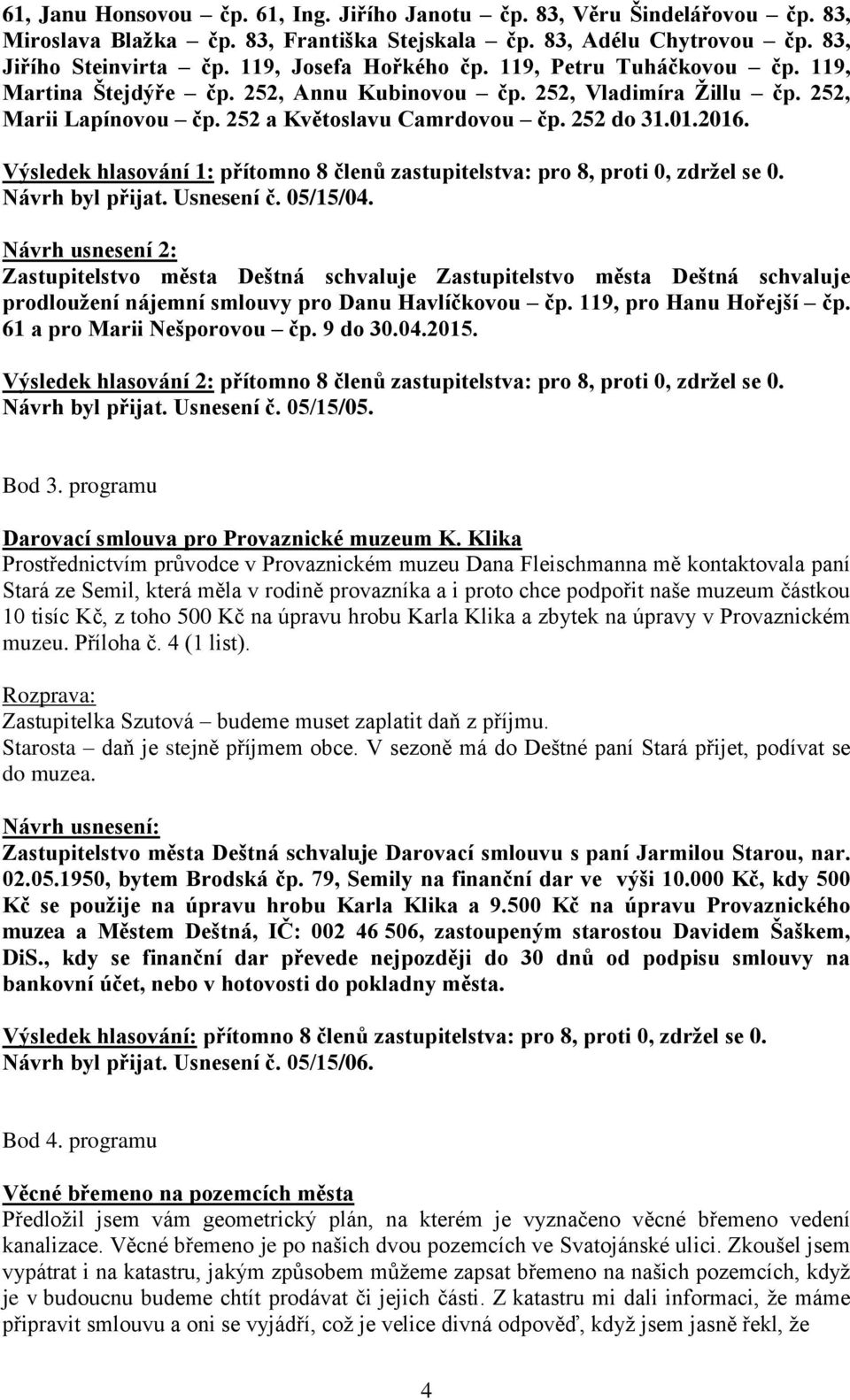 Výsledek hlasování 1: přítomno 8 členů zastupitelstva: pro 8, proti 0, zdržel se 0. Návrh byl přijat. Usnesení č. 05/15/04.