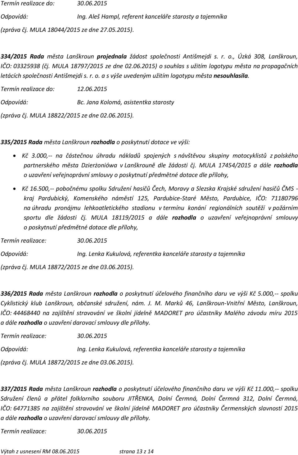 12.06.2015 Bc. Jana Kolomá, asistentka starosty (zpráva čj. MULA 18822/2015 ze dne 02.06.2015). 335/2015 Rada města Lanškroun rozhodla o poskytnutí dotace ve výši: Kč 3.