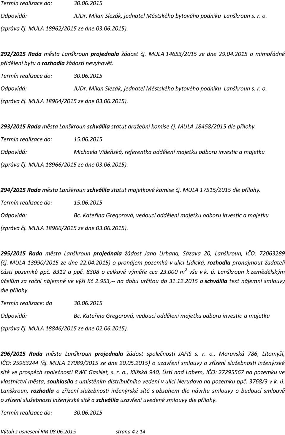 MULA 18964/2015 ze dne 03.06.2015). 293/2015 Rada města Lanškroun schválila statut dražební komise čj. MULA 18458/2015 dle přílohy. 15.06.2015 Michaela Vídeňská, referentka oddělení majetku odboru investic a majetku (zpráva čj.