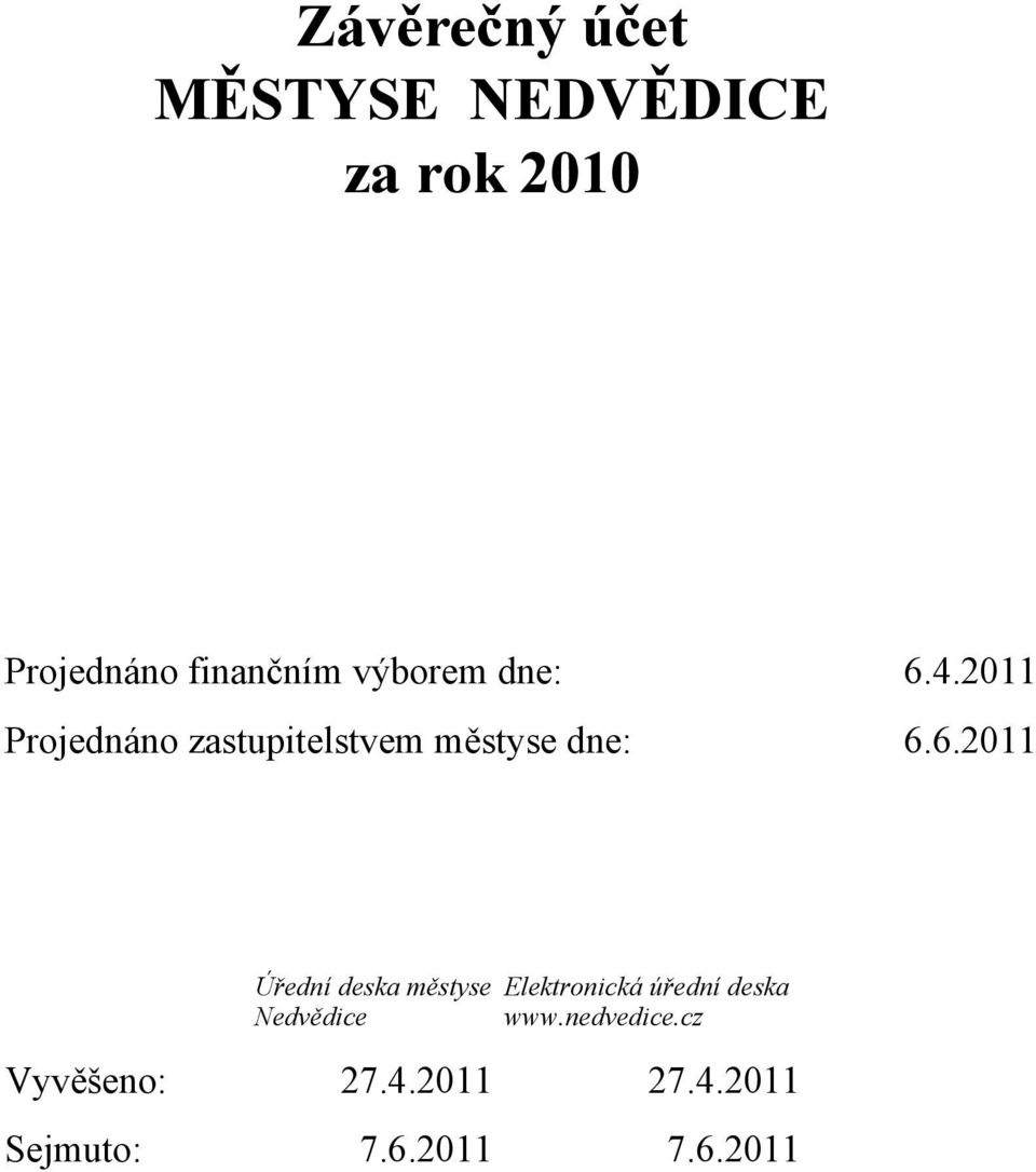 4.2011 Projednáno zastupitelstvem městyse dne: 6.