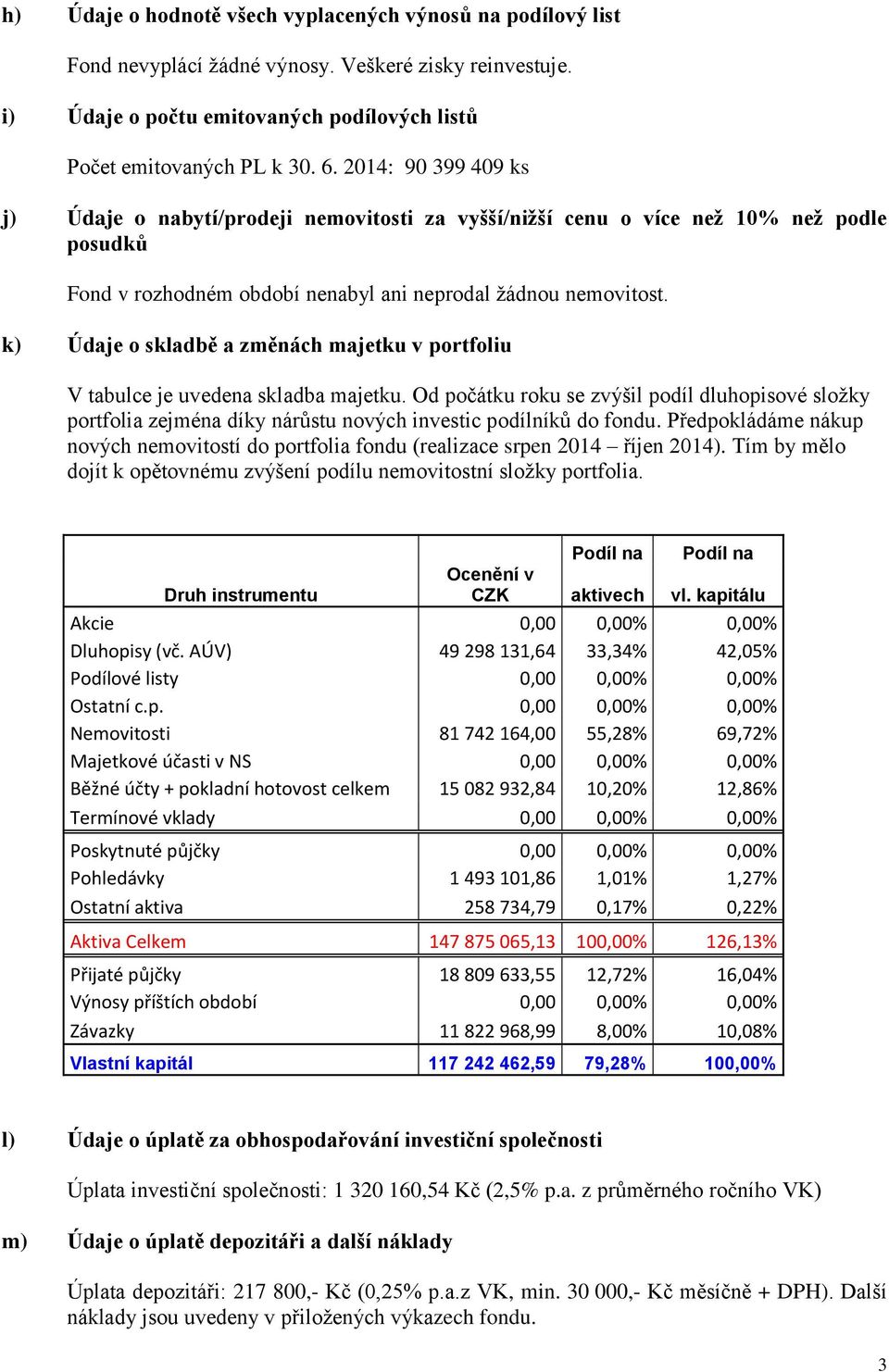 k) Údaje o skladbě a změnách majetku v portfoliu V tabulce je uvedena skladba majetku.