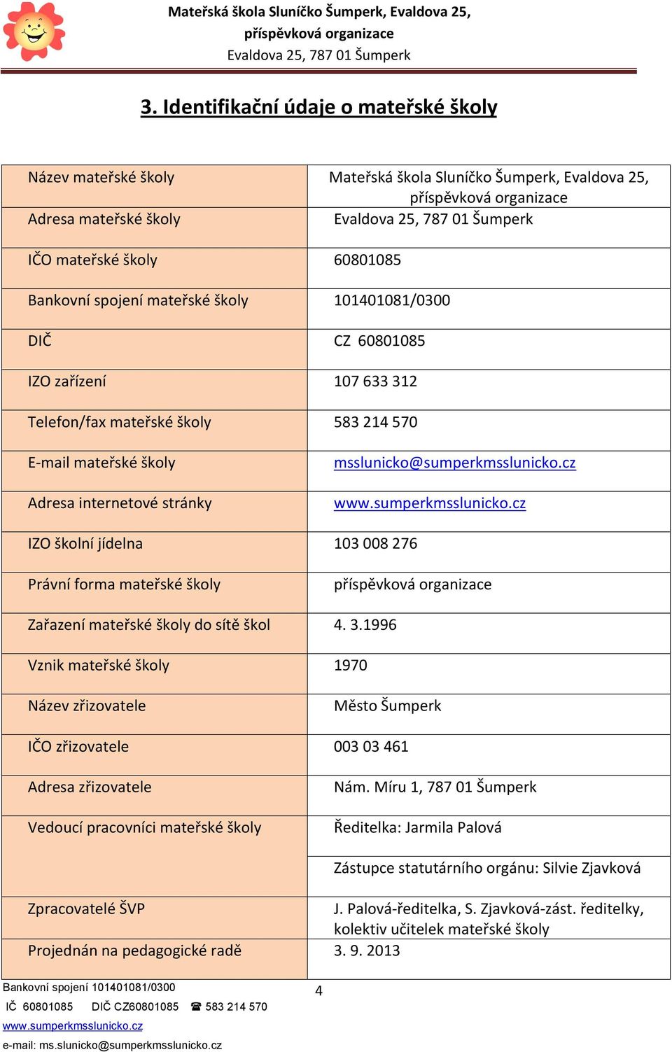 cz IZO školní jídelna 103 008 276 Právní forma mateřské školy Zařazení mateřské školy do sítě škol 4. 3.