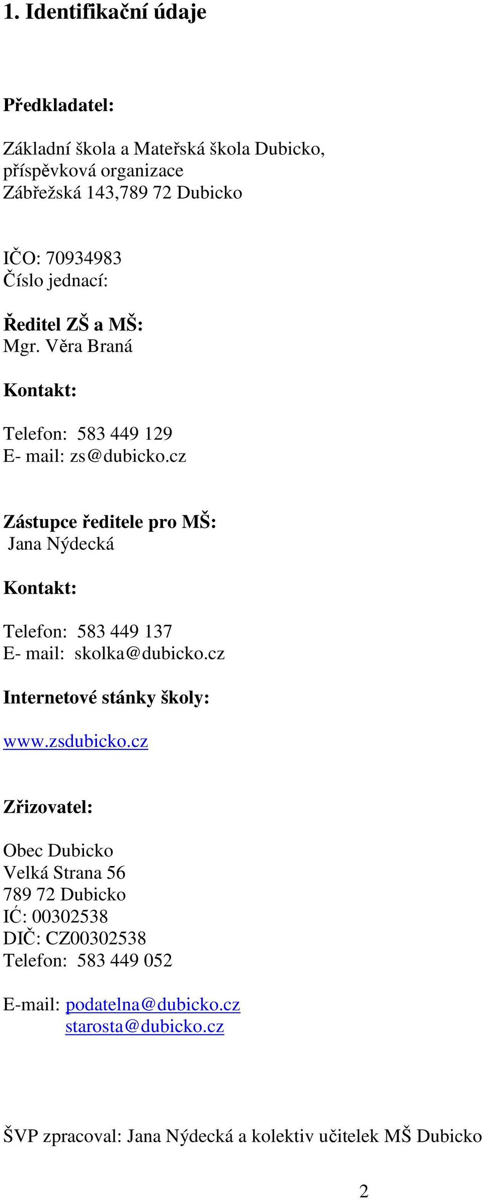 cz Zástupce ředitele pro MŠ: Jana Nýdecká Kontakt: Telefon: 583 449 137 E- mail: skolka@dubicko.cz Internetové stánky školy: www.zsdubicko.