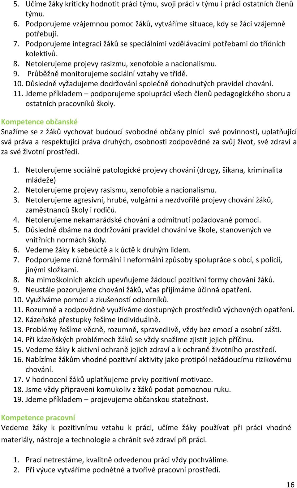 10. Důsledně vyžadujeme dodržování společně dohodnutých pravidel chování. 11. Jdeme příkladem podporujeme spolupráci všech členů pedagogického sboru a ostatních pracovníků školy.