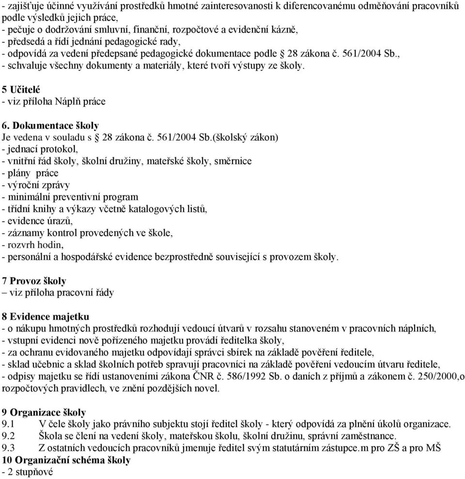 , - schvaluje všechny dokumenty a materiály, které tvoří výstupy ze školy. 5 Učitelé - viz příloha Náplň práce 6. Dokumentace školy Je vedena v souladu s 28 zákona č. 561/2004 Sb.