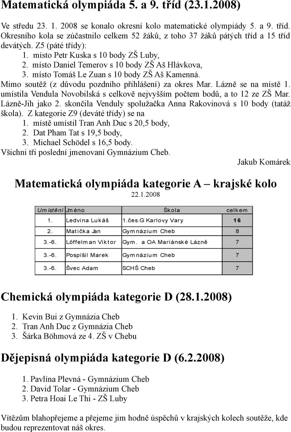 Mimo soutěž (z důvodu pozdního přihlášení) za okres Mar. Lázně se na místě 1. umístila Vendula Novobilská s celkově nejvyšším počtem bodů, a to 12 ze ZŠ Mar. Lázně-Jih jako 2.