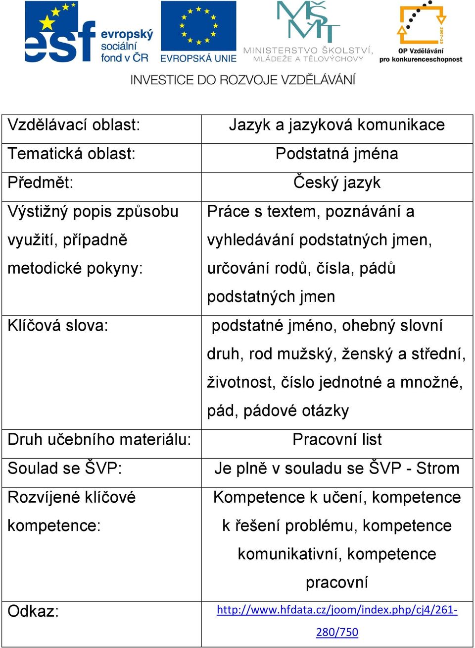 čísla, pádů podstatných jmen podstatné jméno, ohebný slovní druh, rod mužský, ženský a střední, životnost, číslo jednotné a množné, pád, pádové otázky Pracovní list Je