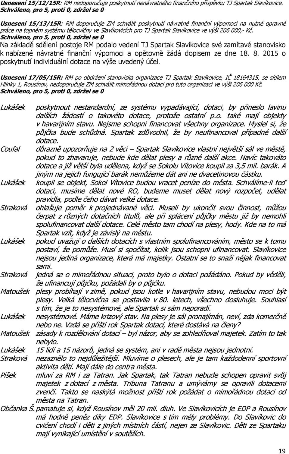 Kč. Na základě sdělení postoje RM podalo vedení TJ Spartak Slavíkovice své zamítavé stanovisko k nabízené návratné finanční výpomoci a opětovně žádá dopisem ze dne 18. 8.
