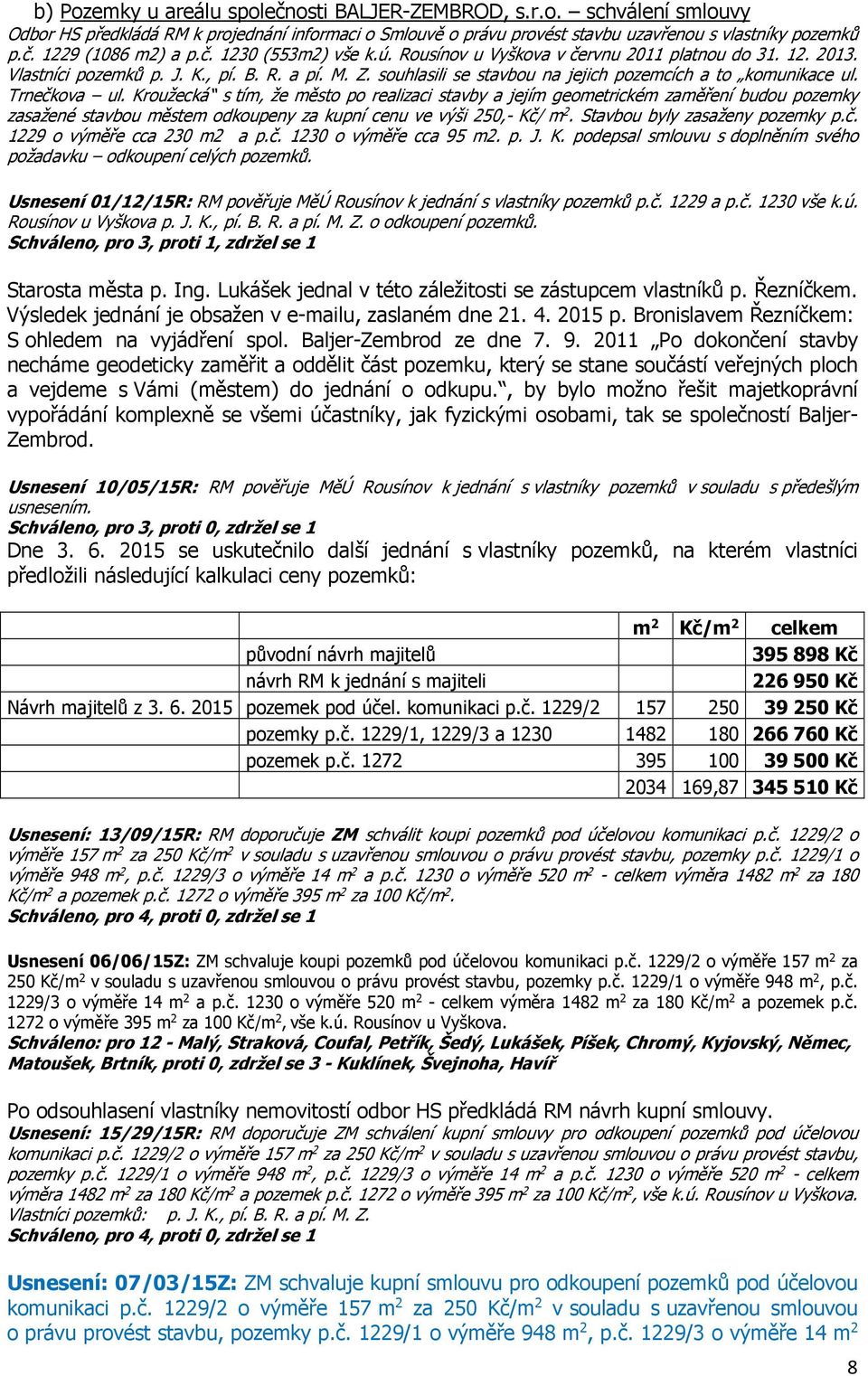 Trnečkova ul. Kroužecká s tím, že město po realizaci stavby a jejím geometrickém zaměření budou pozemky zasažené stavbou městem odkoupeny za kupní cenu ve výši 250,- Kč/ m 2.