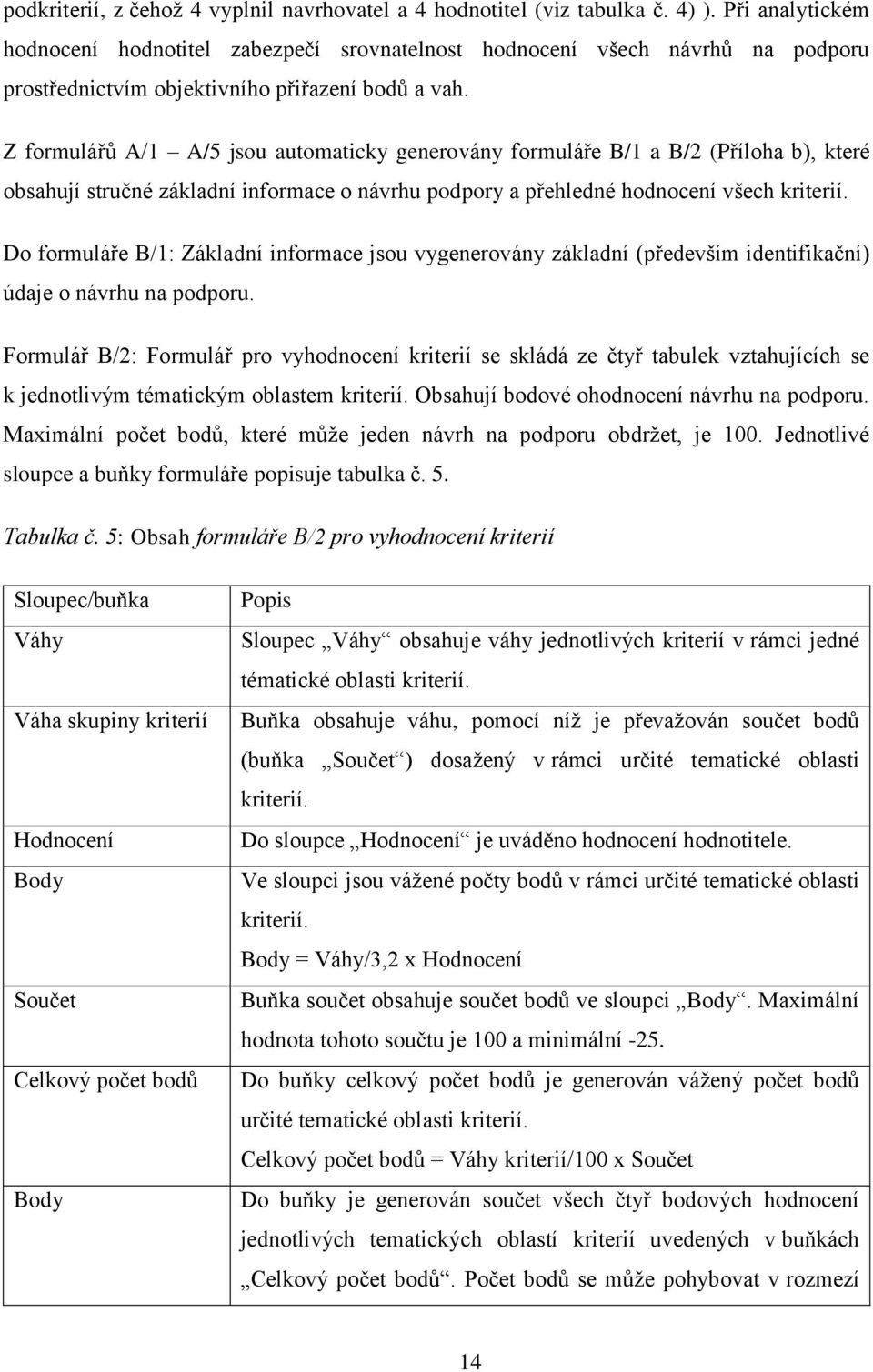 Z formulářů A/1 A/5 jsou automaticky generovány formuláře B/1 a B/2 (Příloha b), které obsahují stručné základní informace o návrhu podpory a přehledné hodnocení všech kriterií.