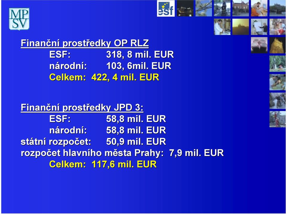 EUR Finanční prostředky JPD 3: ESF: 58,8 mil. EUR národní: 58,8 mil.