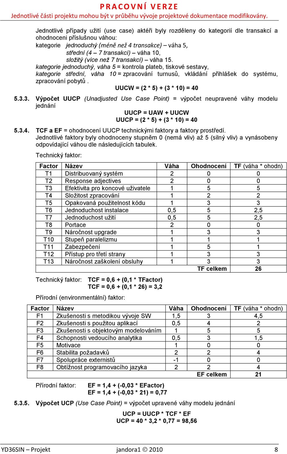 kategorie jednoduchý, váha 5 = kontrola plateb, tiskové sestavy, kategorie střední, váha 10 = zpracování turnusů, vkládání přihlášek do systému, zpracování pobytů. UUCW = (2 * 5) + (3 