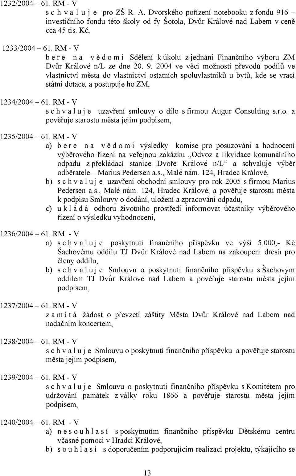 2004 ve věci možnosti převodů podílů ve vlastnictví města do vlastnictví ostatních spoluvlastníků u bytů, kde se vrací státní dotace, a postupuje ho ZM, 1234/2004 61.