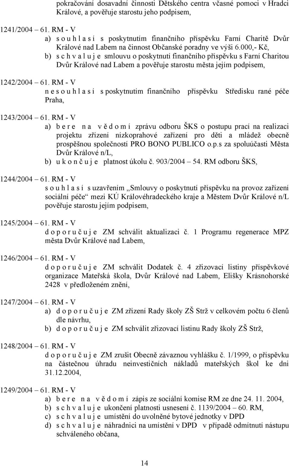 000,- Kč, b) s c h v a l u j e smlouvu o poskytnutí finančního příspěvku s Farní Charitou Dvůr Králové nad Labem a pověřuje starostu města jejím podpisem, 1242/2004 61.