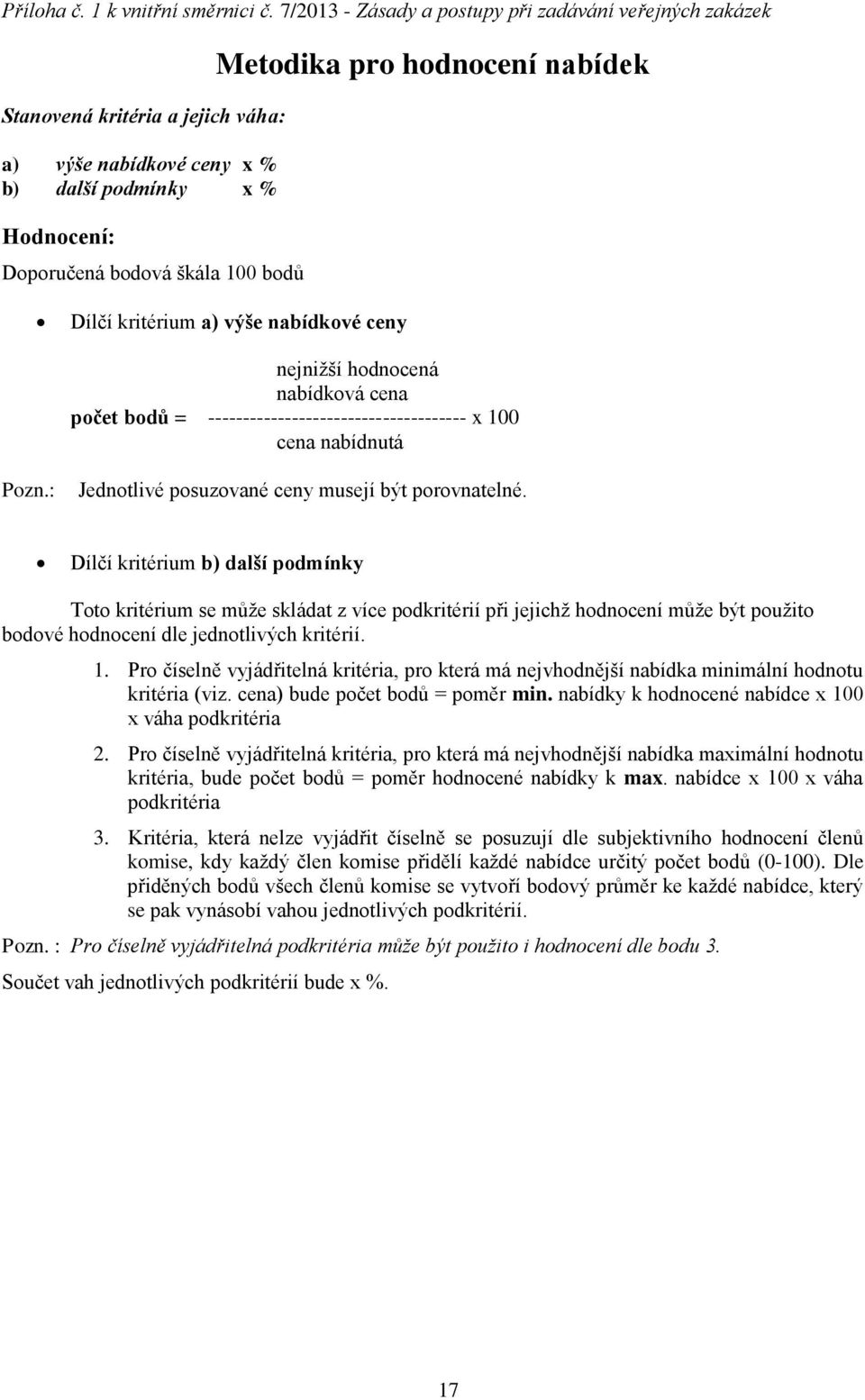 hodnocení nabídek Dílčí kritérium a) výše nabídkové ceny nejnižší hodnocená nabídková cena počet bodů = ------------------------------------- x 100 cena nabídnutá Pozn.