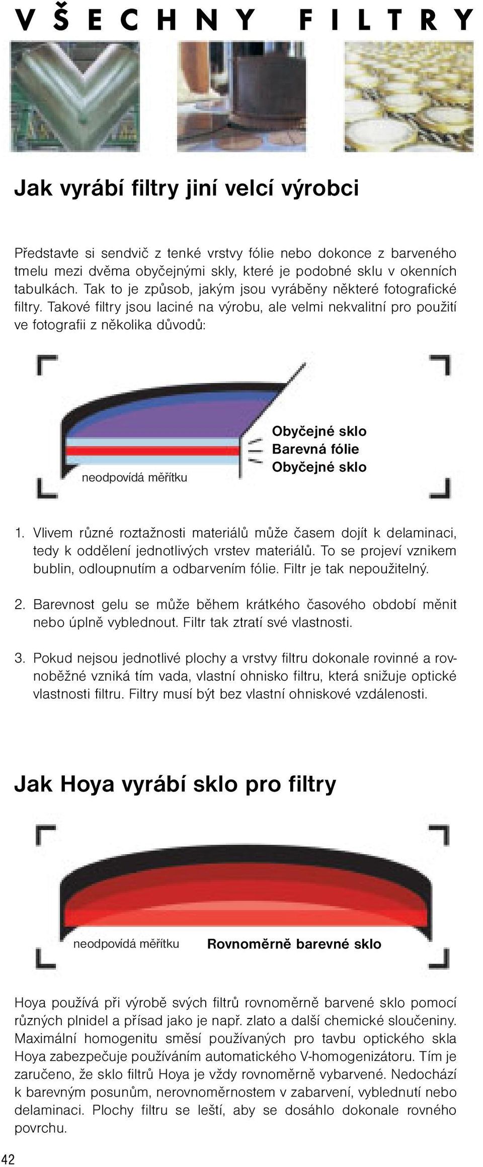 Takové filtry jsou laciné na výrobu, ale velmi nekvalitní pro použití ve fotografii z několika důvodů: neodpovídá měřítku Obyčejné sklo Barevná fólie Obyčejné sklo 1.