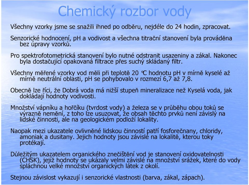 Všechny měřené vzorky vod měli při teplotě 20 C hodnotu ph v mírně kyselé až mírně neutrální oblasti, ph se pohybovalo v rozmezí 6,7 až 7,8.