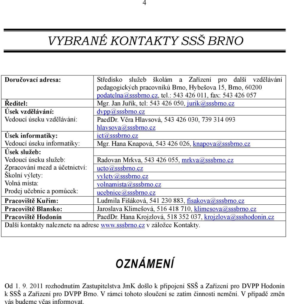 Věra Hlavsová, 543 426 030, 739 314 093 hlavsova@sssbrno.cz Úsek informatiky: ict@sssbrno.