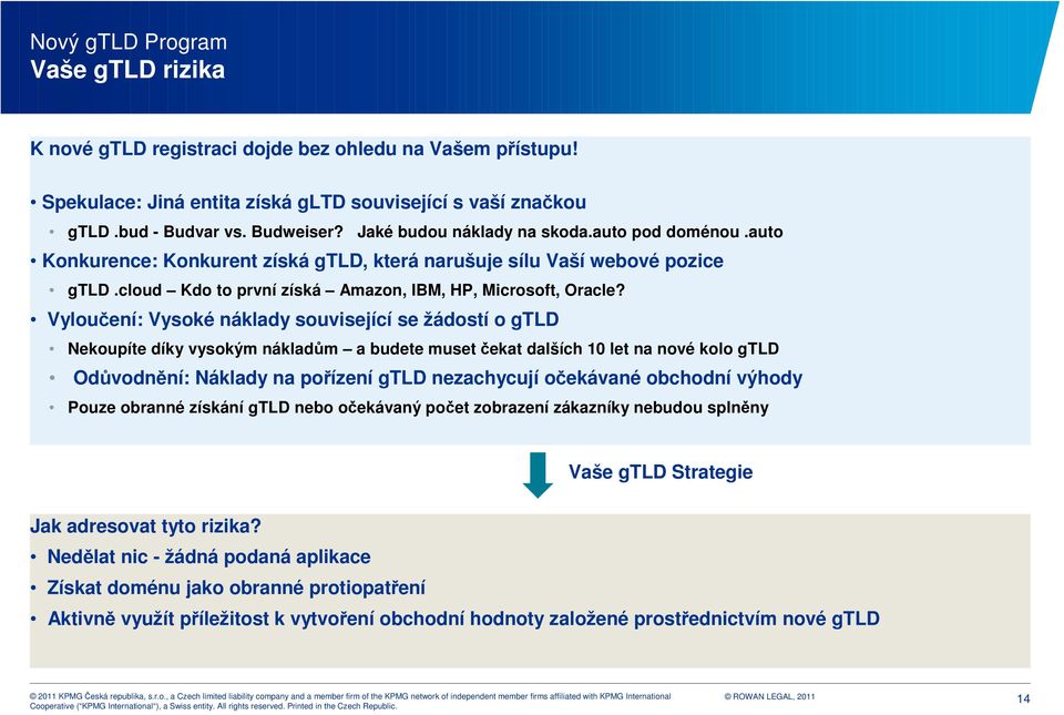Vyloučení: Vysoké náklady související se žádostí o gtld Nekoupíte díky vysokým nákladům a budete muset čekat dalších 10 let na nové kolo gtld Odůvodnění: Náklady na pořízení gtld nezachycují