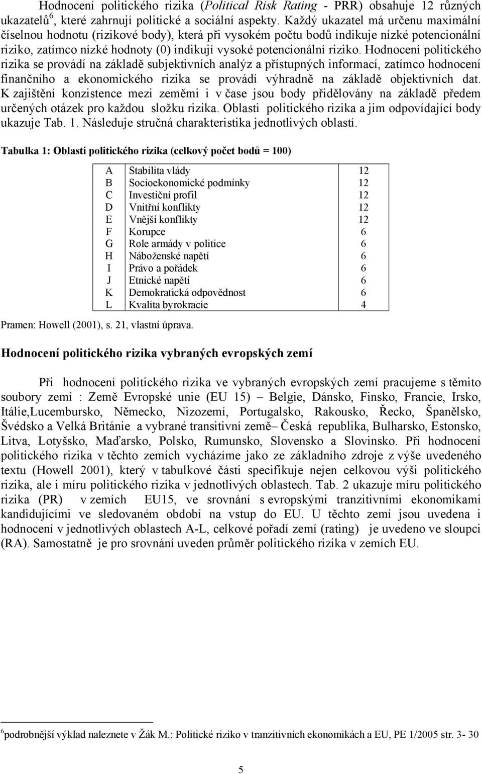 Hodnocení politického rizika se provádí na základě subjektivních analýz a přístupných informací, zatímco hodnocení finančního a ekonomického rizika se provádí výhradně na základě objektivních dat.