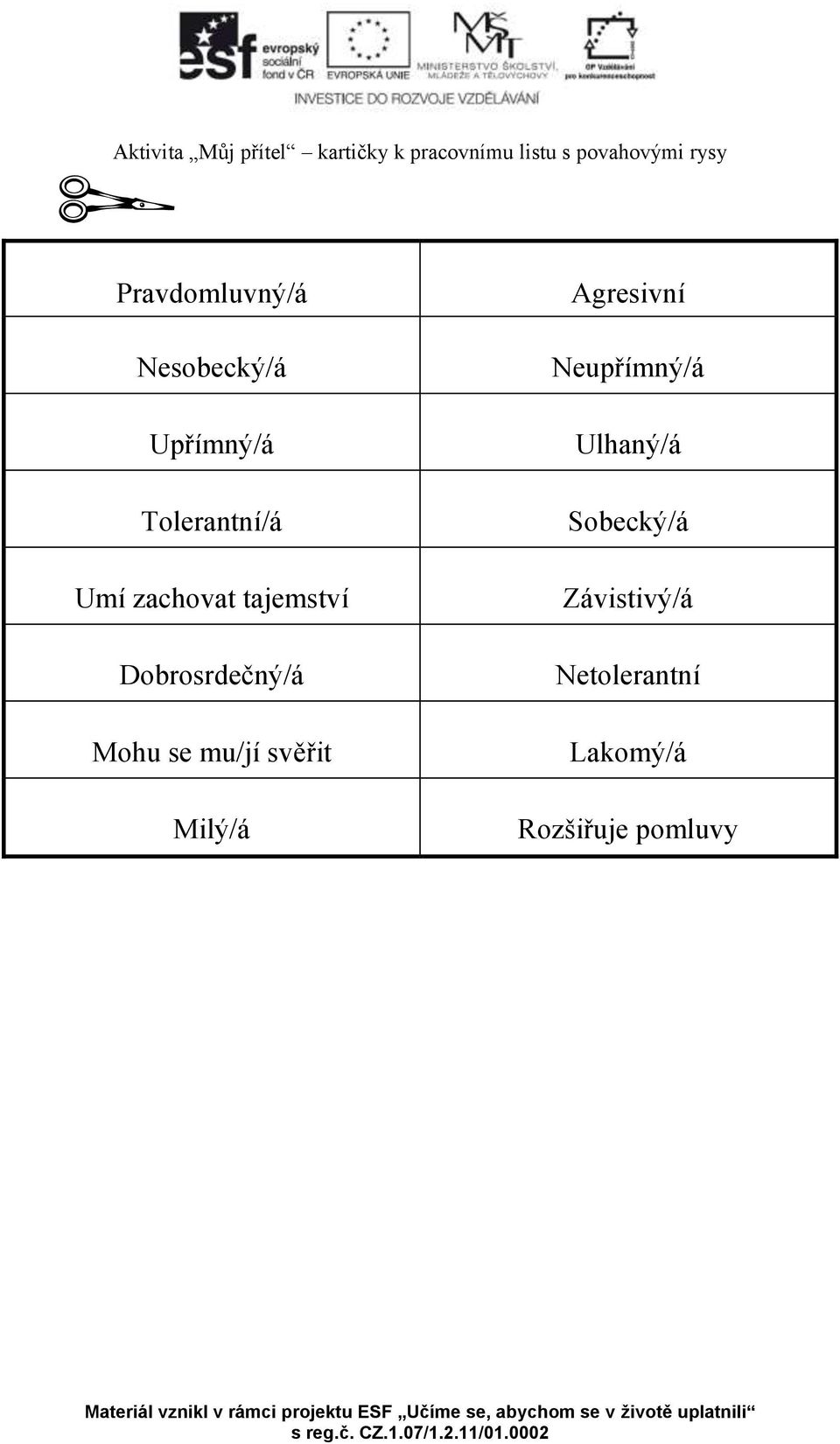 tajemství Dobrosrdečný/á Mohu se mu/jí svěřit Milý/á Agresivní