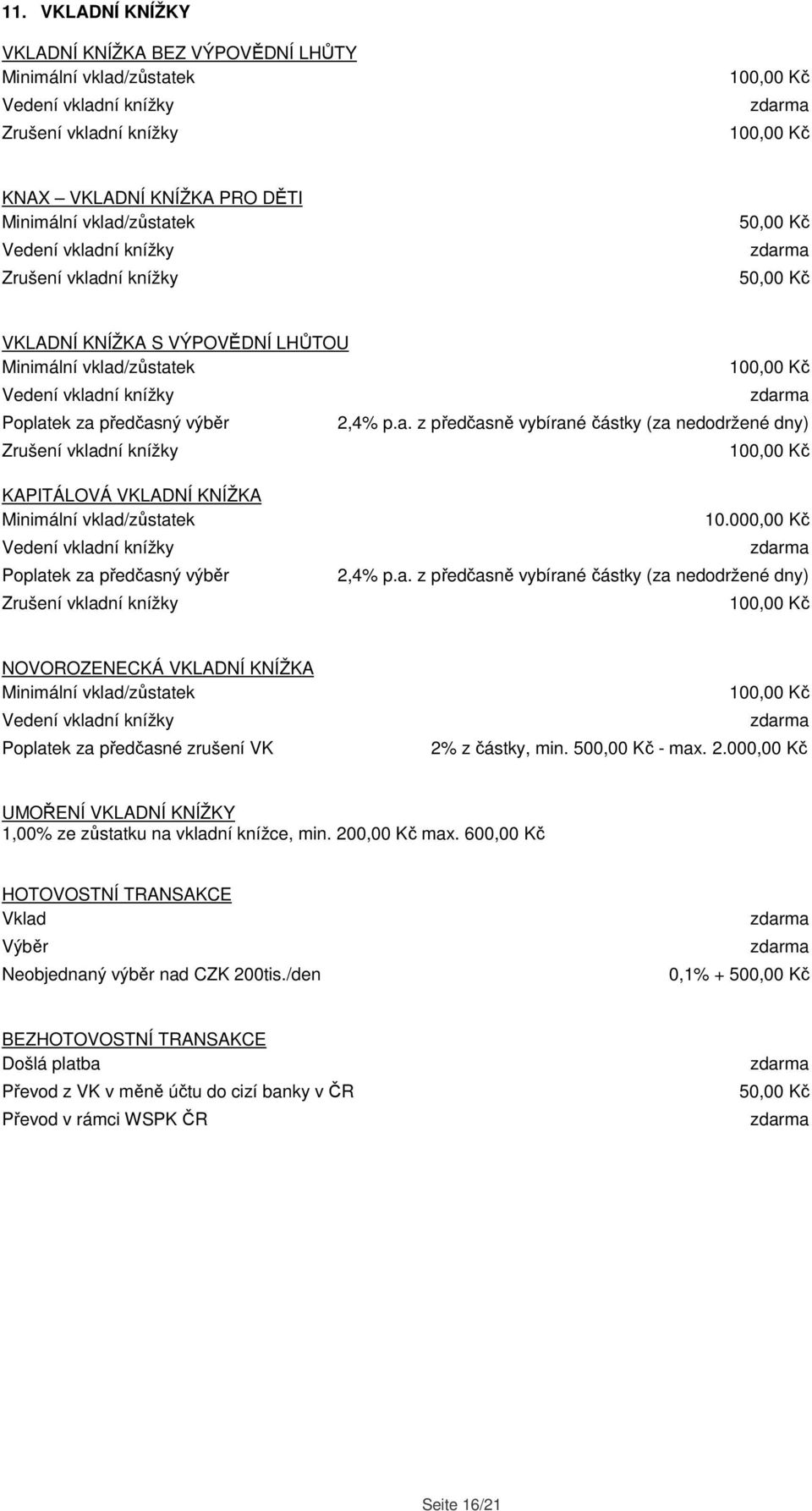 000,00 Kč 2,4% p.a. z předčasně vybírané částky (za nedodržené dny) NOVOROZENECKÁ VKLADNÍ KNÍŽKA Minimální vklad/zůstatek Vedení vkladní knížky Poplatek za předčasné zrušení VK 2% z částky, min.