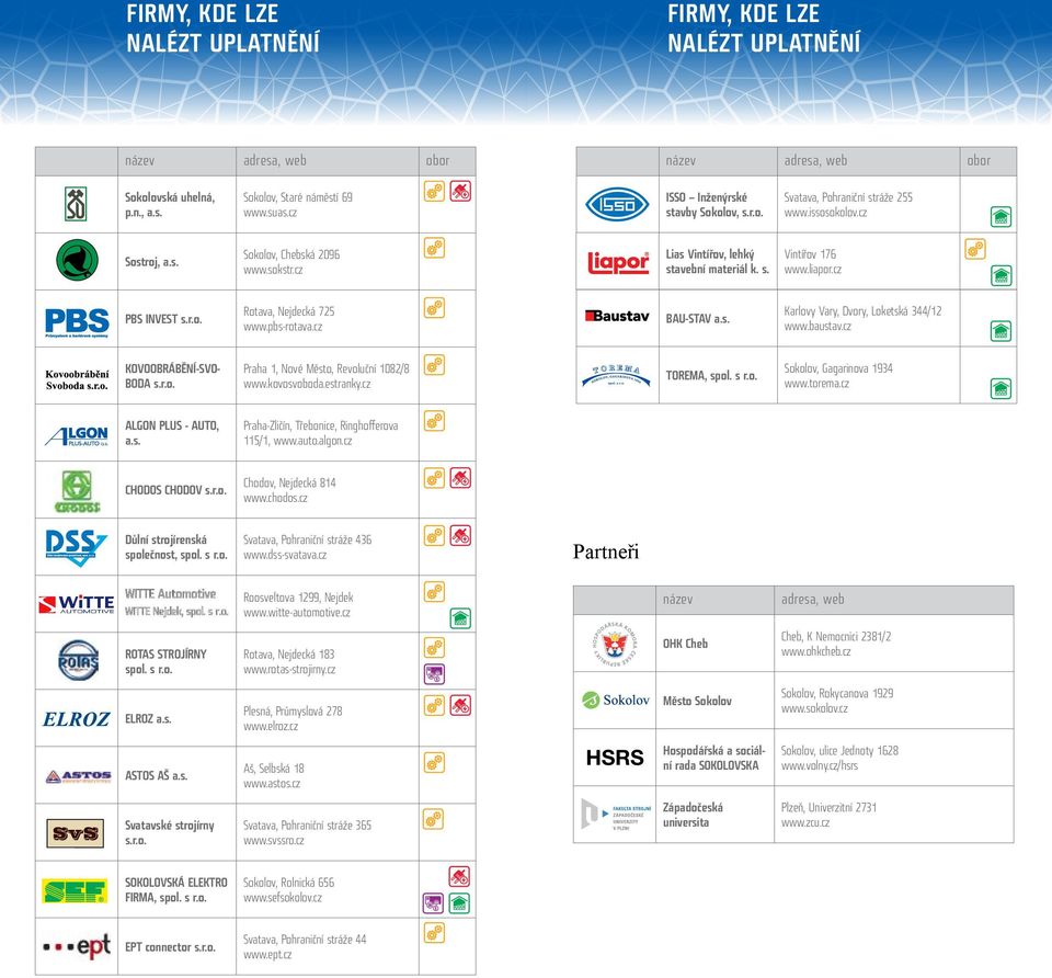 liapor.cz PBS INVEST s.r.o. Rotava, Nejdecká 725 www.pbs-rotava.cz BAU-STAV a.s. Karlovy Vary, Dvory, Loketská 344/12 www.baustav.cz KOVOOBRÁBĚNÍ-SVO- BODA s.r.o. Praha 1, Nové Město, Revoluční 1082/8 www.