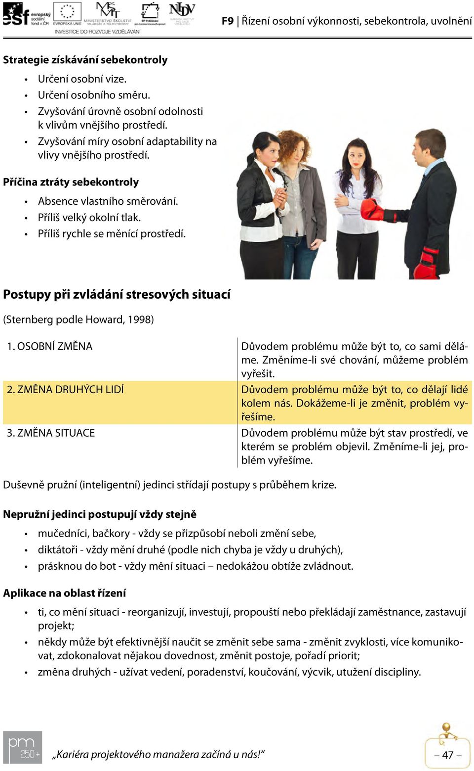 Postupy při zvládání stresových situací (Sternberg podle Howard, 1998) 1. OSOBNÍ ZMĚNA Důvodem problému může být to, co sami děláme. Změníme-li své chování, můžeme problém vyřešit. 2.