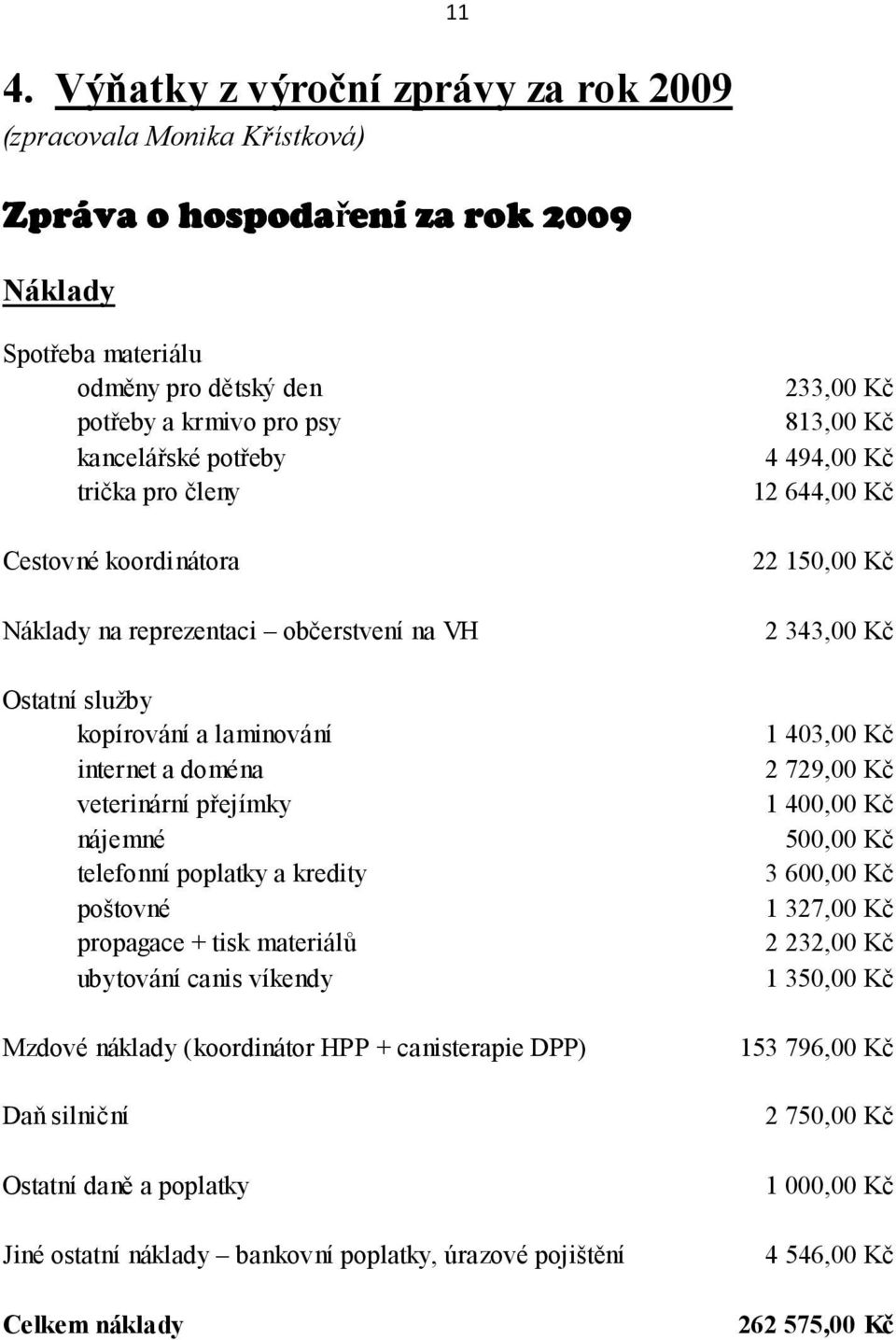 poštovné propagace + tisk materiálů ubytování canis víkendy Mzdové náklady (koordinátor HPP + canisterapie DPP) Daň silniční Ostatní daně a poplatky Jiné ostatní náklady bankovní poplatky, úrazové